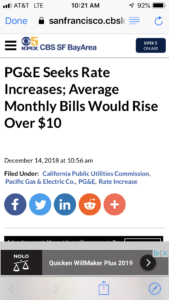 Screen capture of PG&E rate increase headline