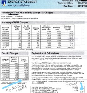 PG&E bill showing a credit balance for electricity