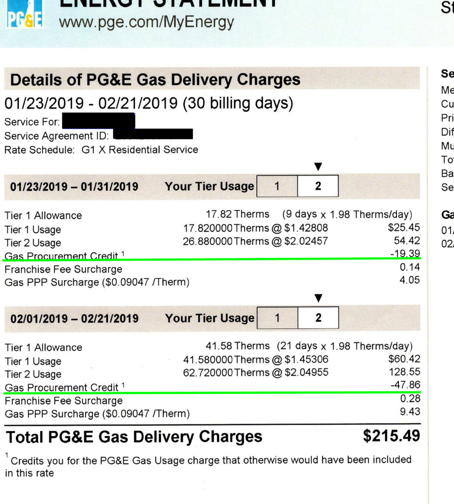 PG&E Gas Summary page of utility bill, lowered by gas credit.